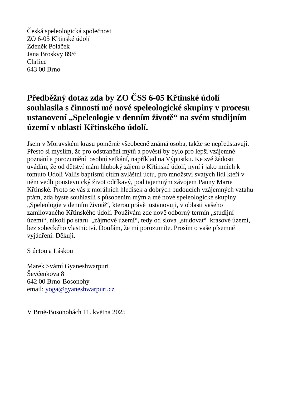 Osobní dopis ZO 6-05 Křtinské údolí